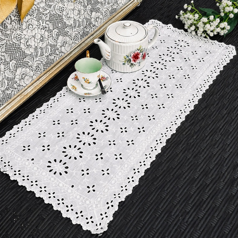 Vintage White Eyelet Lace Table Runner Embroidered Floral Scalloped 13.5 x 31